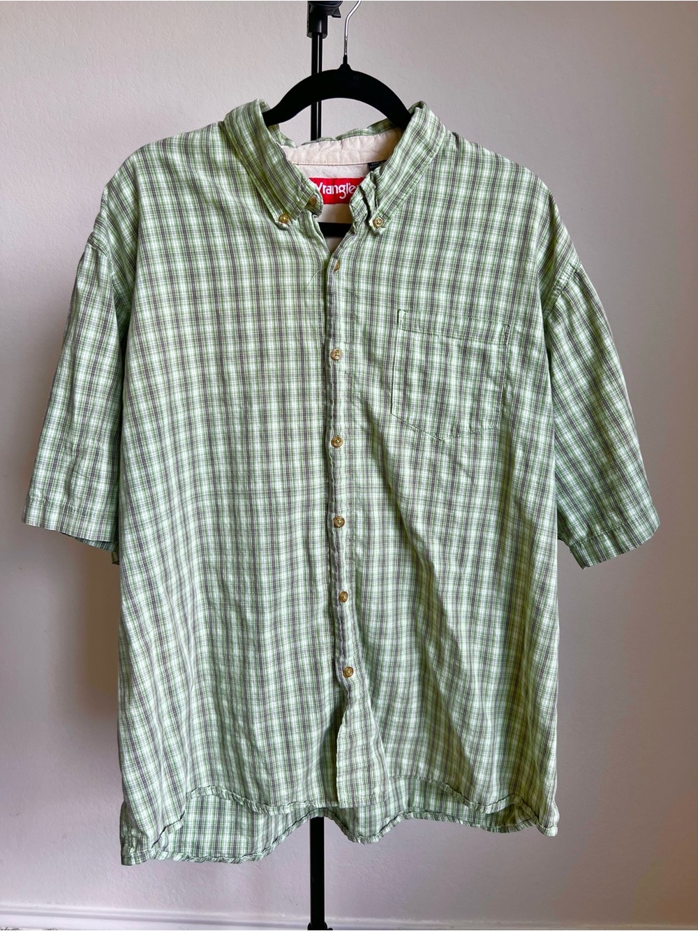 Vintage men's Wrangler 100% cotton green plaid short sleeve button down - XL